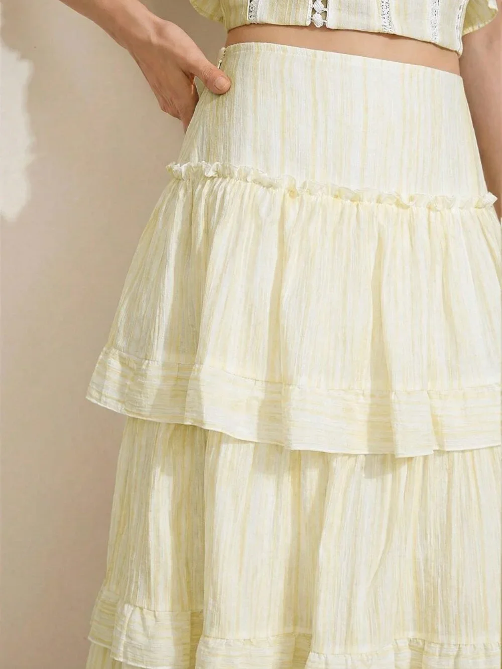 Yellow Boho Casual Women's Tiered Ruffle Hem Multi-Layer Skirt